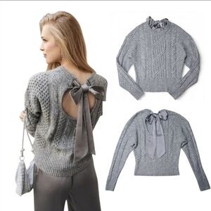 Express Cable Knit Sweater with Satin Tie Back Bow - Gray, Size XS
